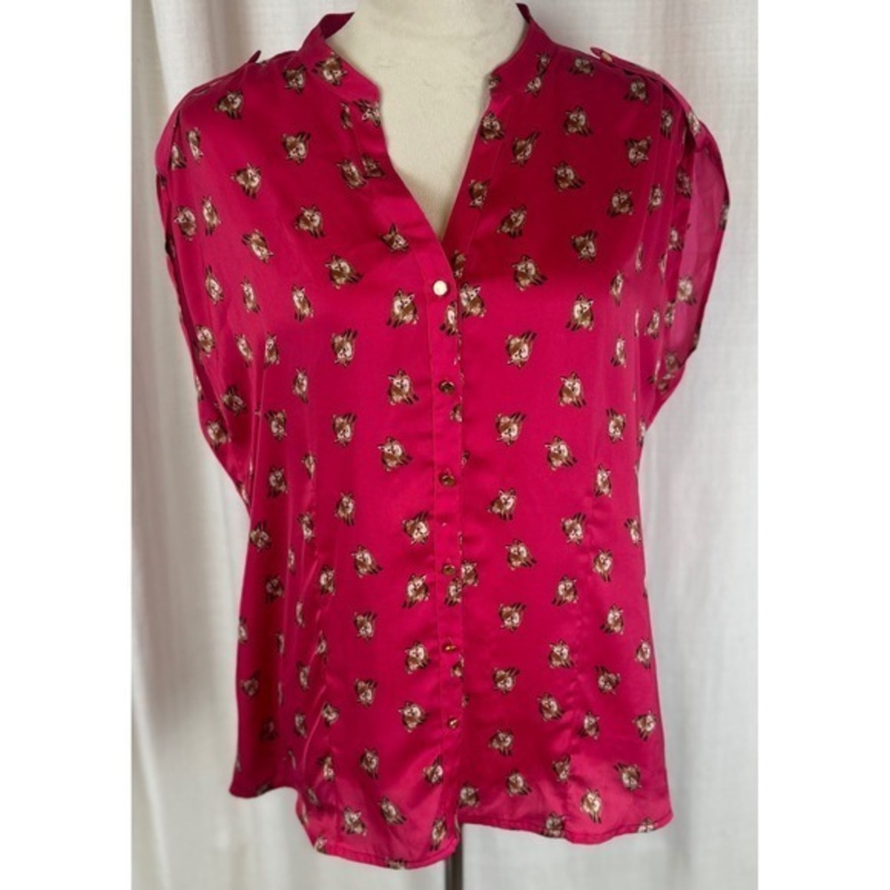 Cynthia by Cynthia Rowley Pink Fox Print Sleeveless Blouse XL‎ Gold Buttons